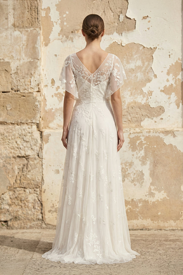 V Neck Short Sleeves A Line Lace Wedding Dress in Ivory - KISS BRIDAL Wedding Dresses