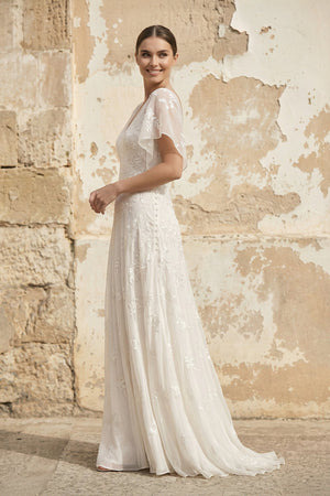V Neck Short Sleeves A Line Lace Wedding Dress in Ivory - KISS BRIDAL Wedding Dresses