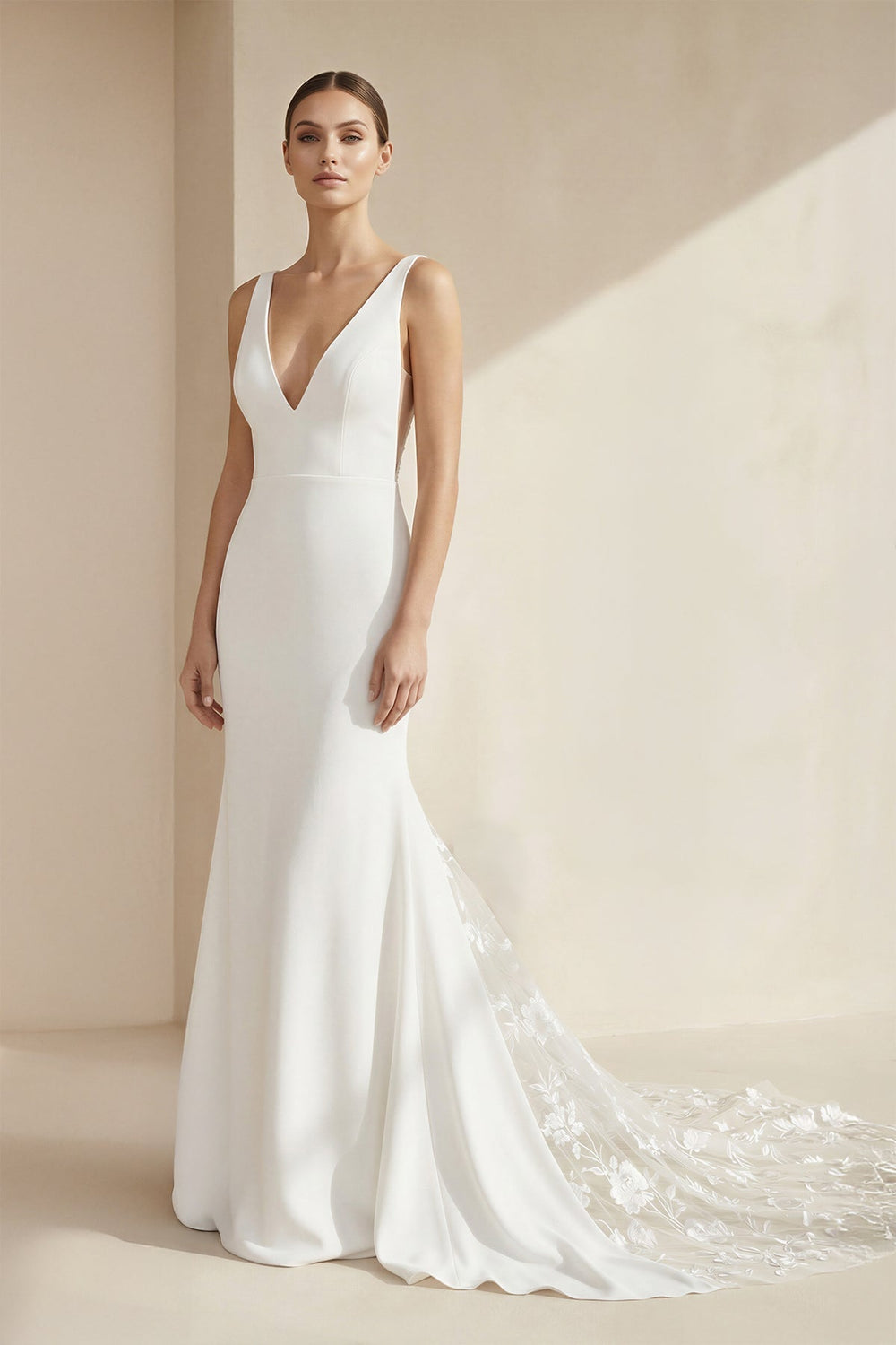 V-Neck Sleeveless Plunging Satin Wedding Dress in White
