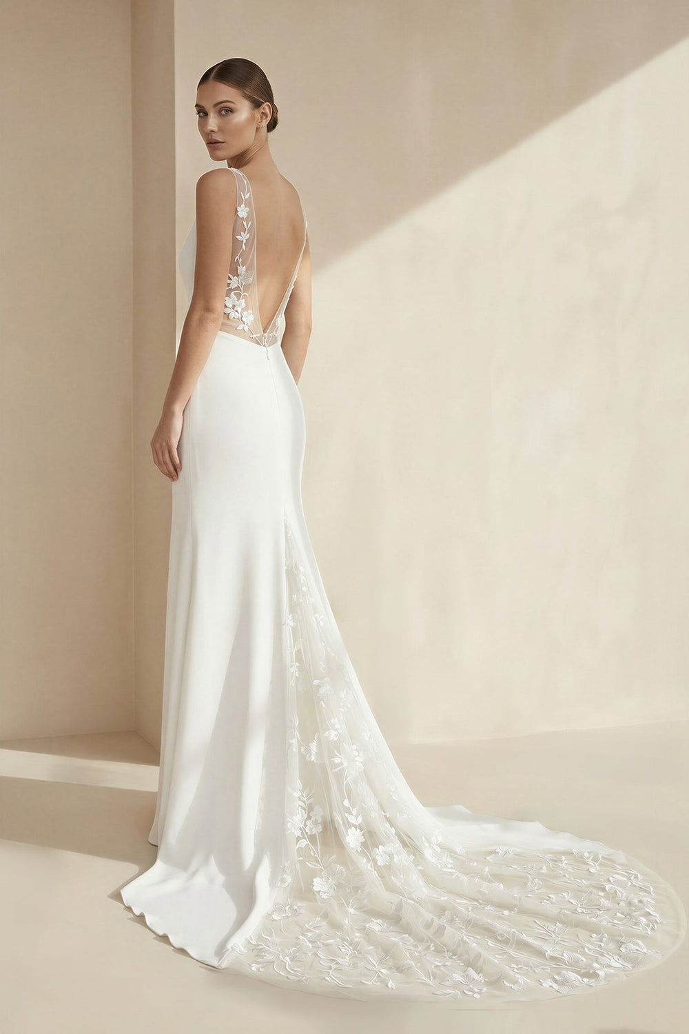 V-Neck Sleeveless Plunging Satin Wedding Dress in White