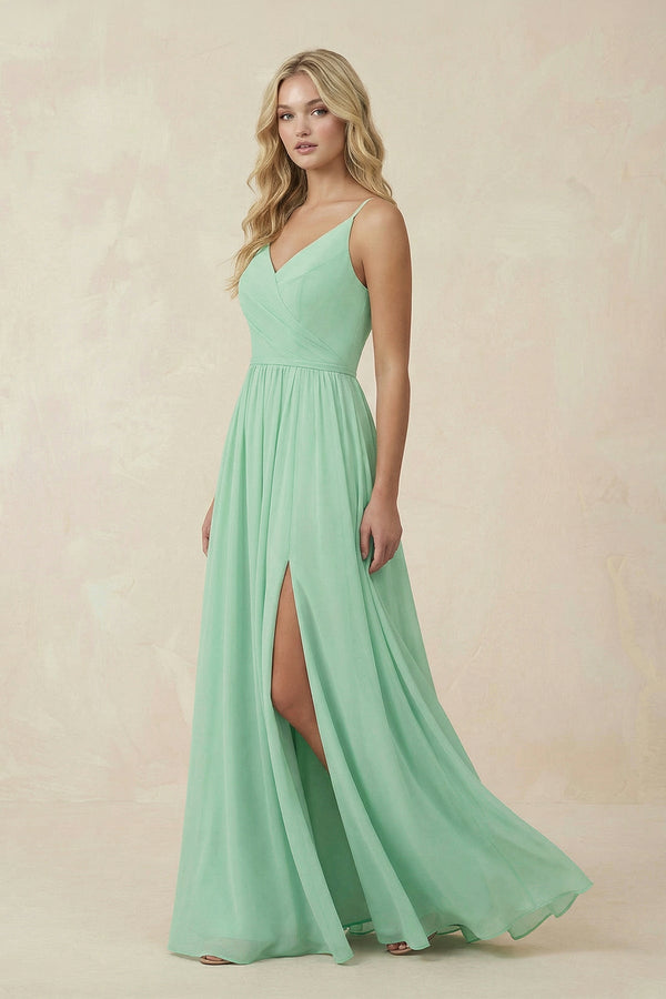 V-Neck Spaghetti Strap A-Line Chiffon Bridesmaid Dress in Pale Pistachio - KISS BRIDAL BRIDESMAID DRESSES