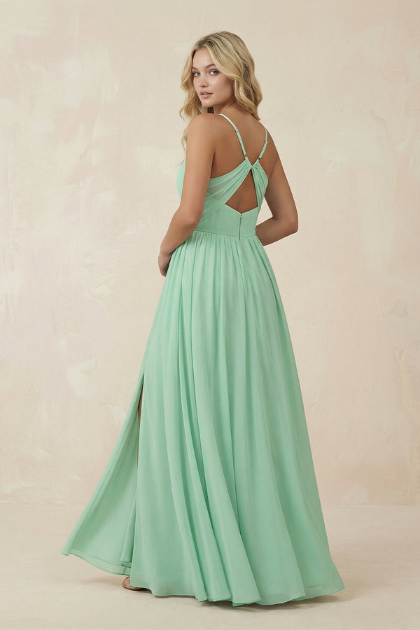 V-Neck Spaghetti Strap A-Line Chiffon Bridesmaid Dress in Pale Pistachio - KISS BRIDAL BRIDESMAID DRESSES