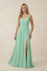 V-Neck Spaghetti Strap A-Line Chiffon Bridesmaid Dress in Pale Pistachio - KISS BRIDAL BRIDESMAID DRESSES