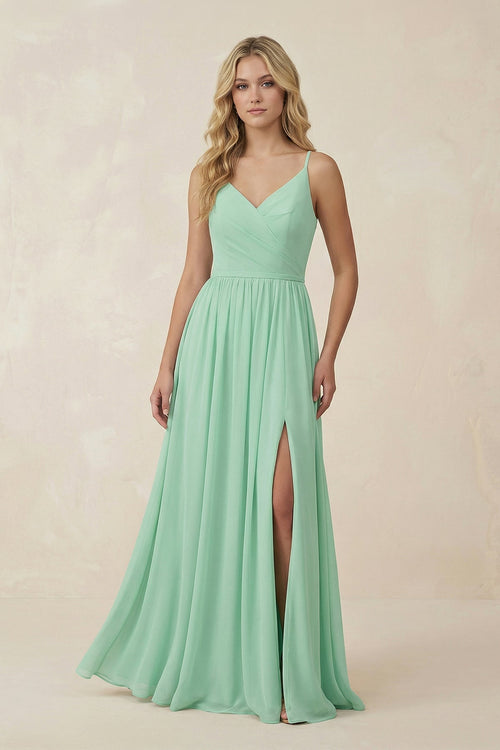 V-Neck Spaghetti Strap A-Line Chiffon Bridesmaid Dress in Pale Pistachio - KISS BRIDAL BRIDESMAID DRESSES