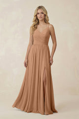 V - Neck Spaghetti Strap A - Line Chiffon Bridesmaid Dress in Bronzer - KISS BRIDAL Bridesmaid Dresses