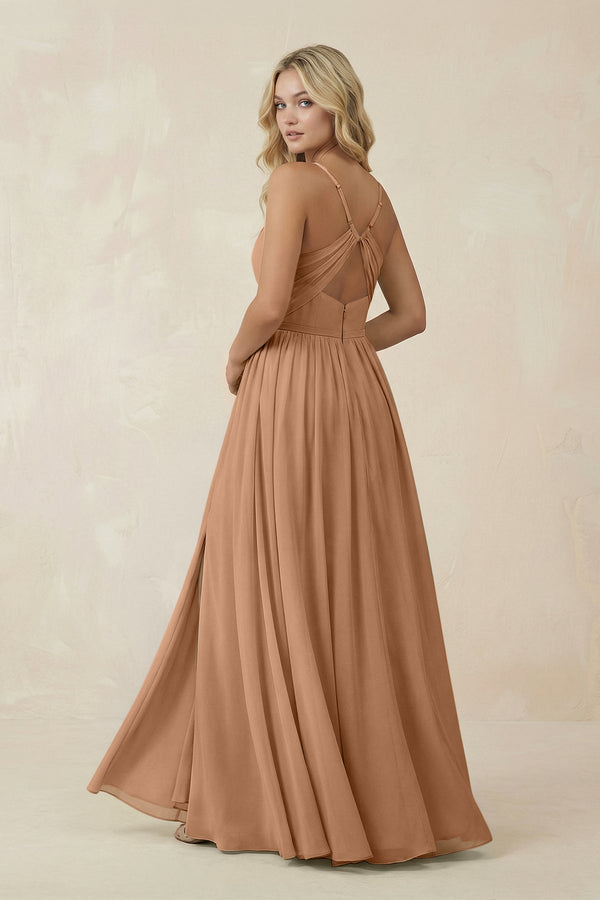 V - Neck Spaghetti Strap A - Line Chiffon Bridesmaid Dress in Bronzer - KISS BRIDAL Bridesmaid Dresses