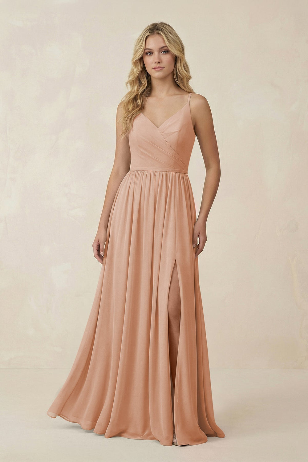 V-Neck Spaghetti Strap A-Line Chiffon Bridesmaid Dress in Champagne Rose