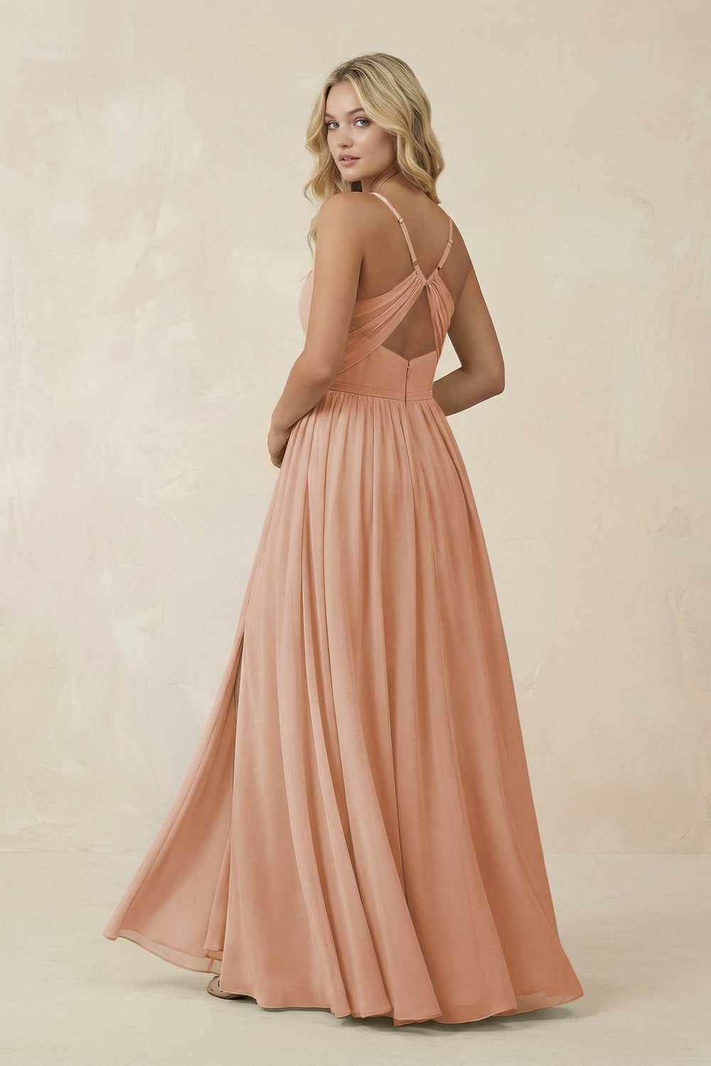 V-Neck Spaghetti Strap A-Line Chiffon Bridesmaid Dress in Champagne Rose