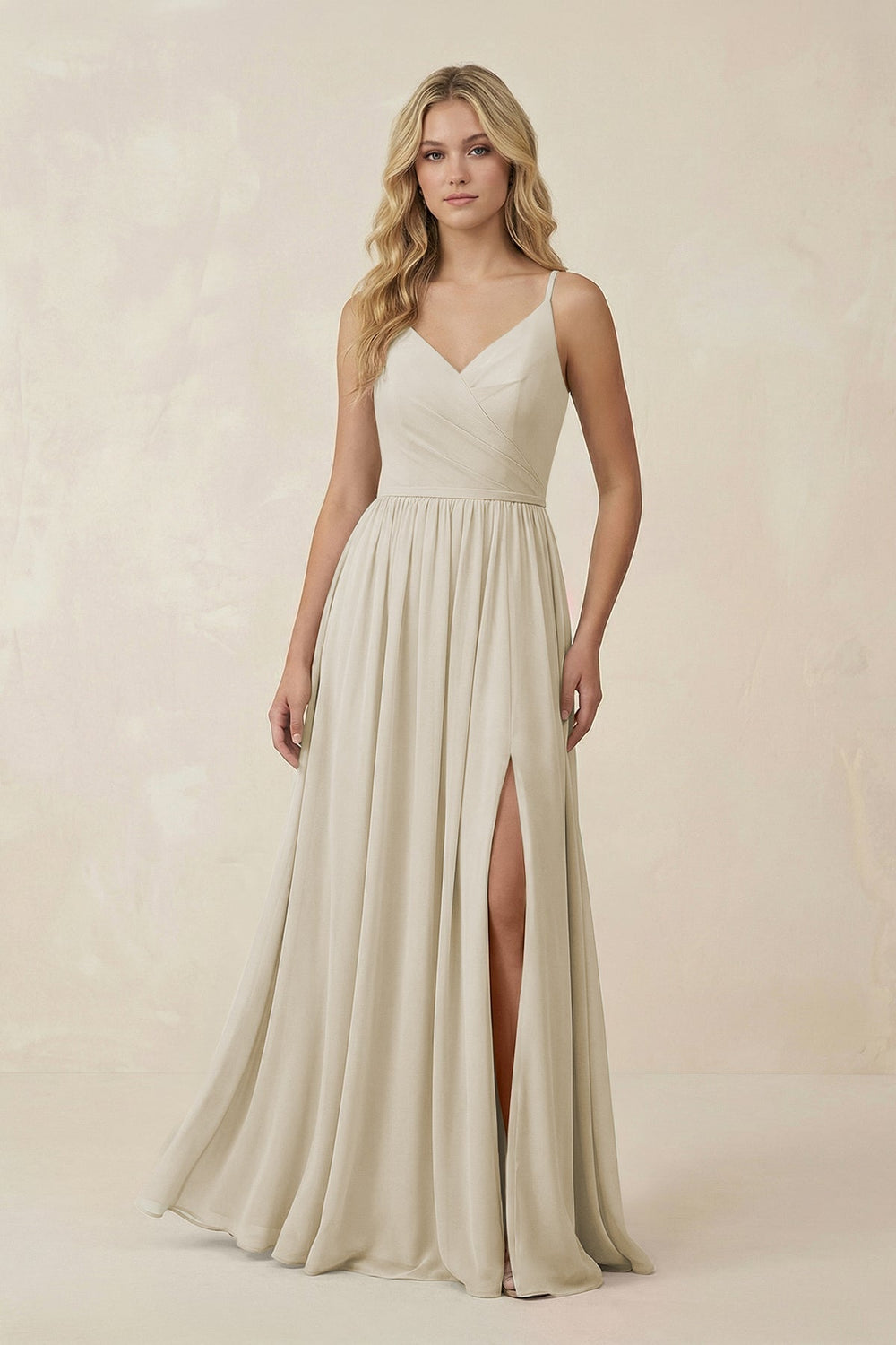 V-Neck Spaghetti Strap A-Line Chiffon Bridesmaid Dress in Dove Gray