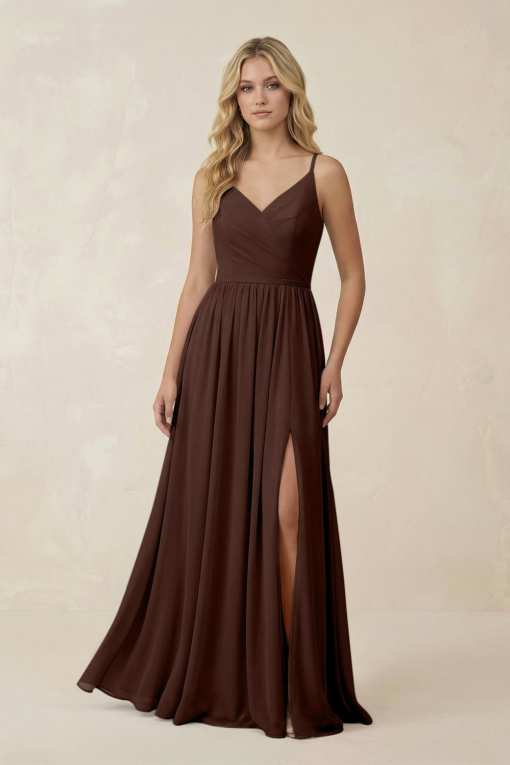 V-Neck Spaghetti Strap A-Line Chiffon Bridesmaid Dress in Espresso