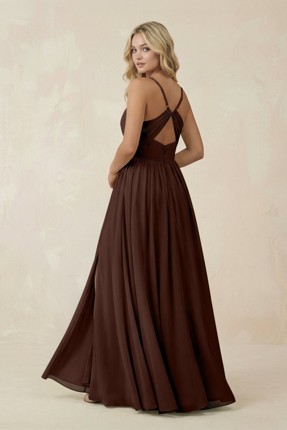 V-Neck Spaghetti Strap A-Line Chiffon Bridesmaid Dress in Espresso