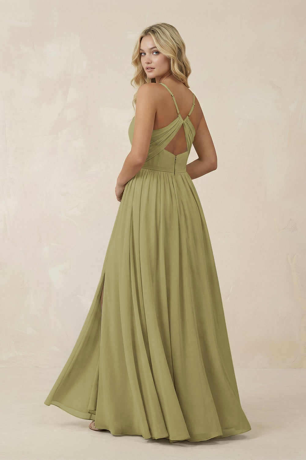 V-Neck Spaghetti Strap A-Line Chiffon Bridesmaid Dress in Moss Green