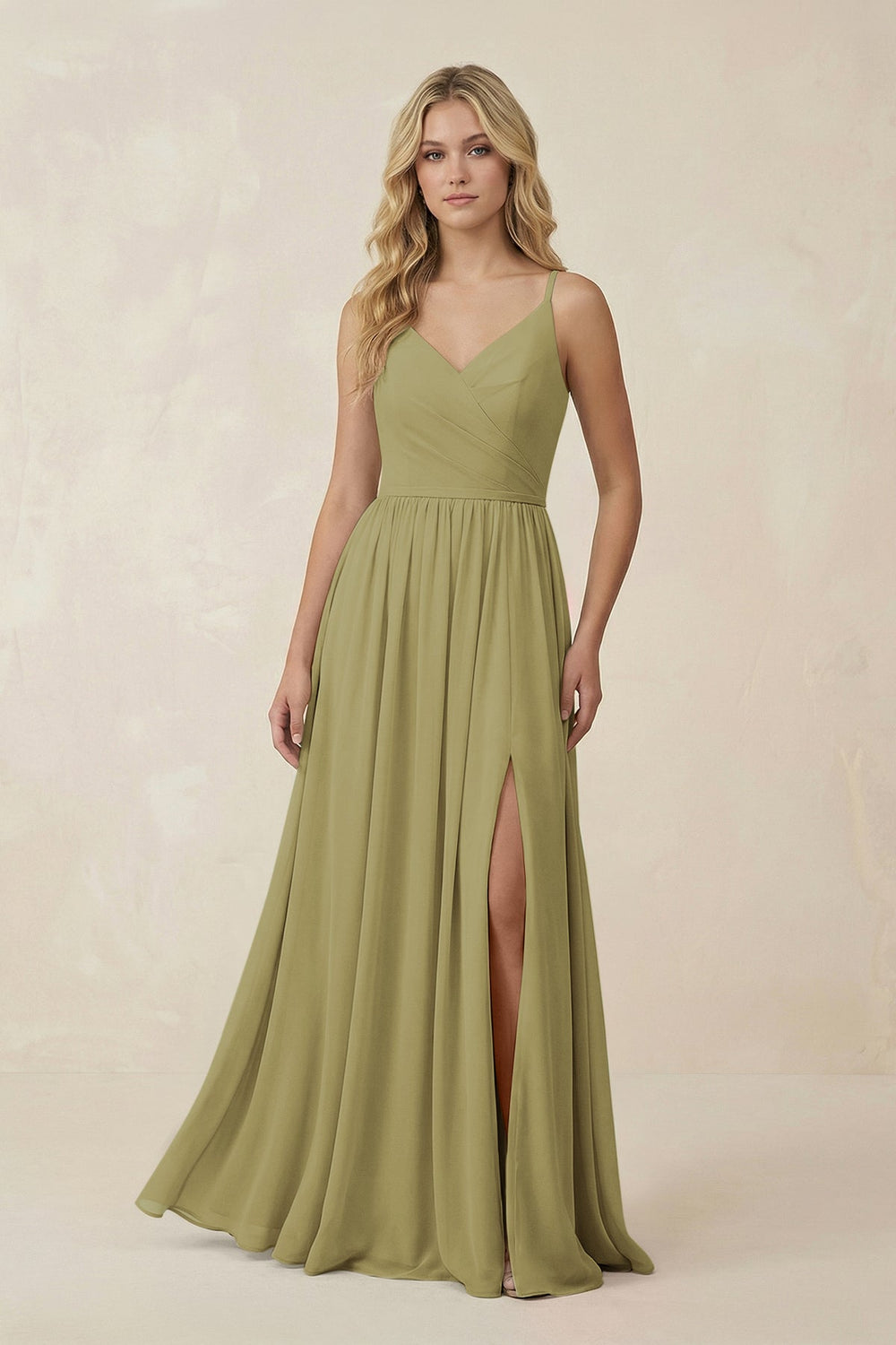 V-Neck Spaghetti Strap A-Line Chiffon Bridesmaid Dress in Moss Green
