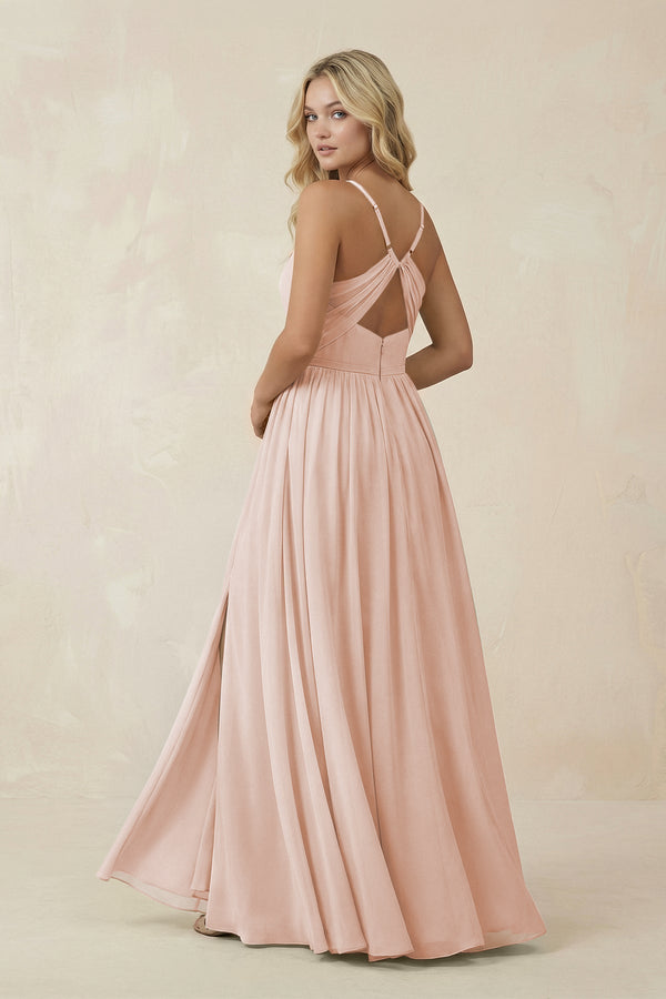 V - Neck Spaghetti Strap A - Line Chiffon Bridesmaid Dress in Pale Blush - KISS BRIDAL Bridesmaid Dresses