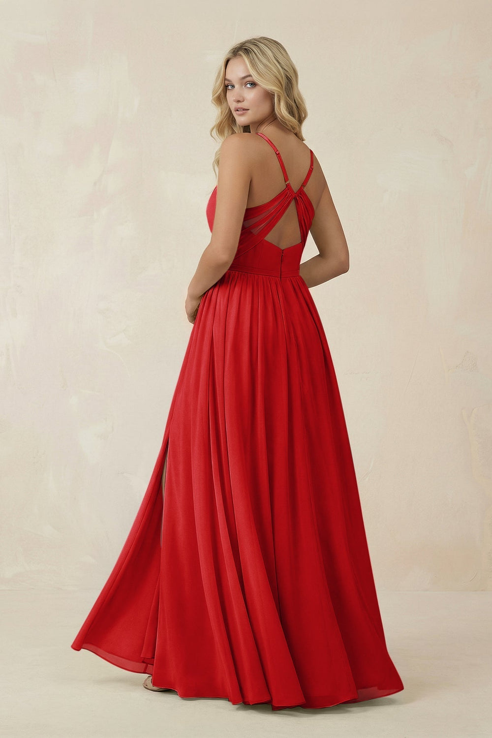 V-Neck Spaghetti Strap A-Line Chiffon Bridesmaid Dress in Ruby Red