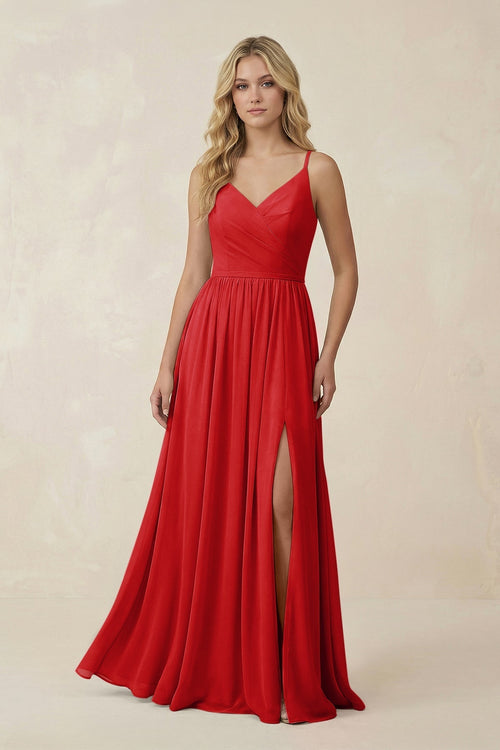 V - Neck Spaghetti Strap A - Line Chiffon Bridesmaid Dress in Ruby Red - KISS BRIDAL Bridesmaid Dresses