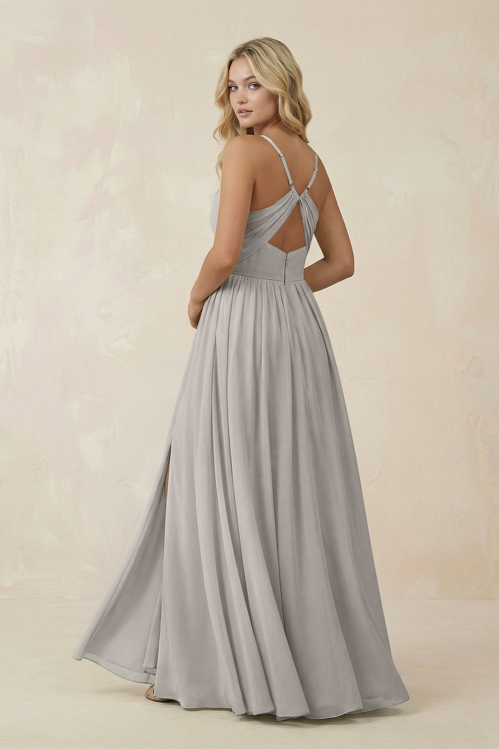 V-Neck Spaghetti Strap A-Line Chiffon Bridesmaid Dress in Silver