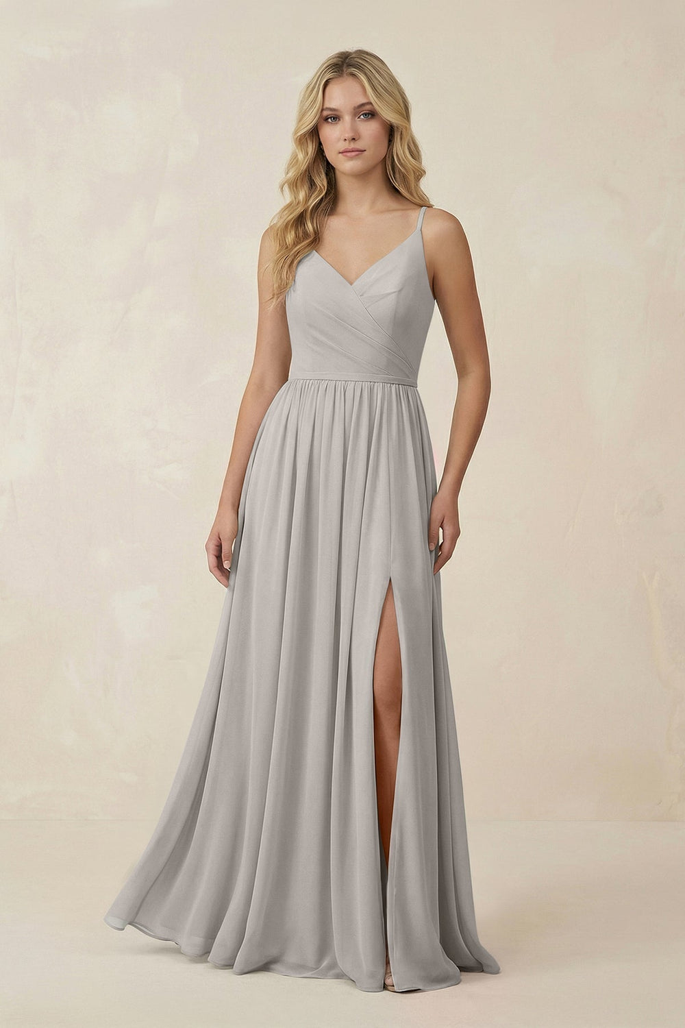 V-Neck Spaghetti Strap A-Line Chiffon Bridesmaid Dress in Silver
