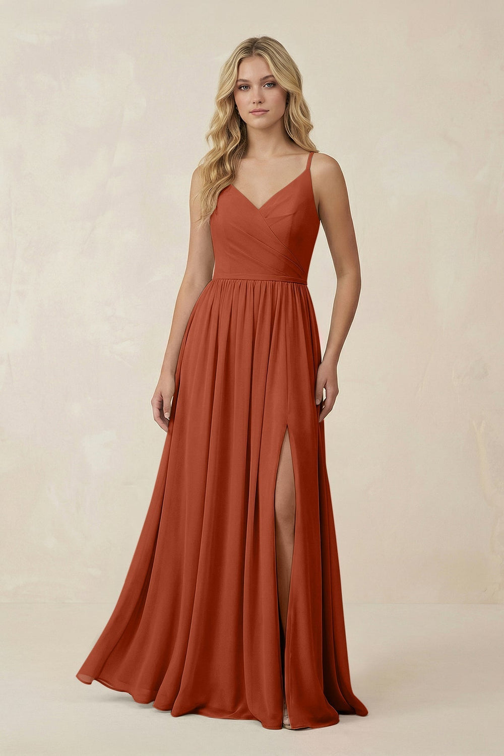 V-Neck Spaghetti Strap A-Line Chiffon Bridesmaid Dress in Spice