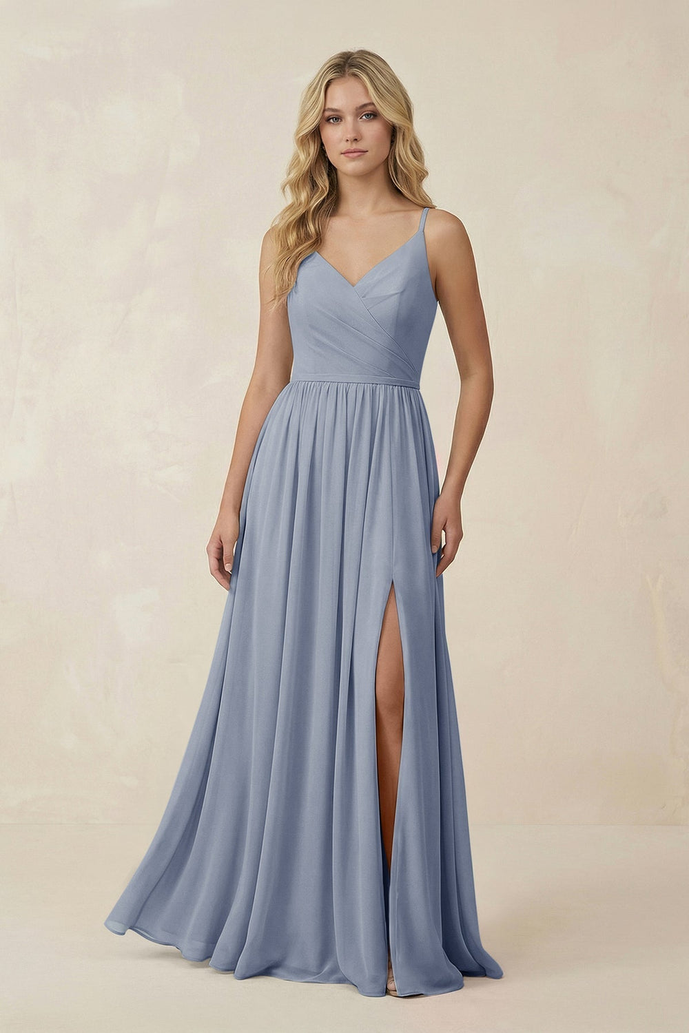V-Neck Spaghetti Strap A-Line Chiffon Bridesmaid Dress in Twilight