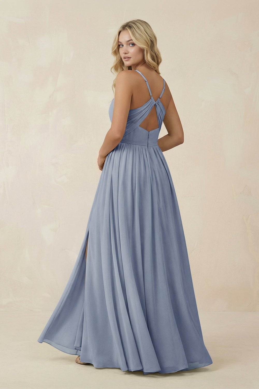 V-Neck Spaghetti Strap A-Line Chiffon Bridesmaid Dress in Twilight