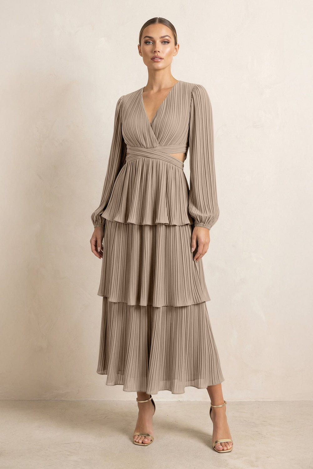 V-Neck Tiered A-Line Chiffon Midi Bridesmaid Dress in Almond