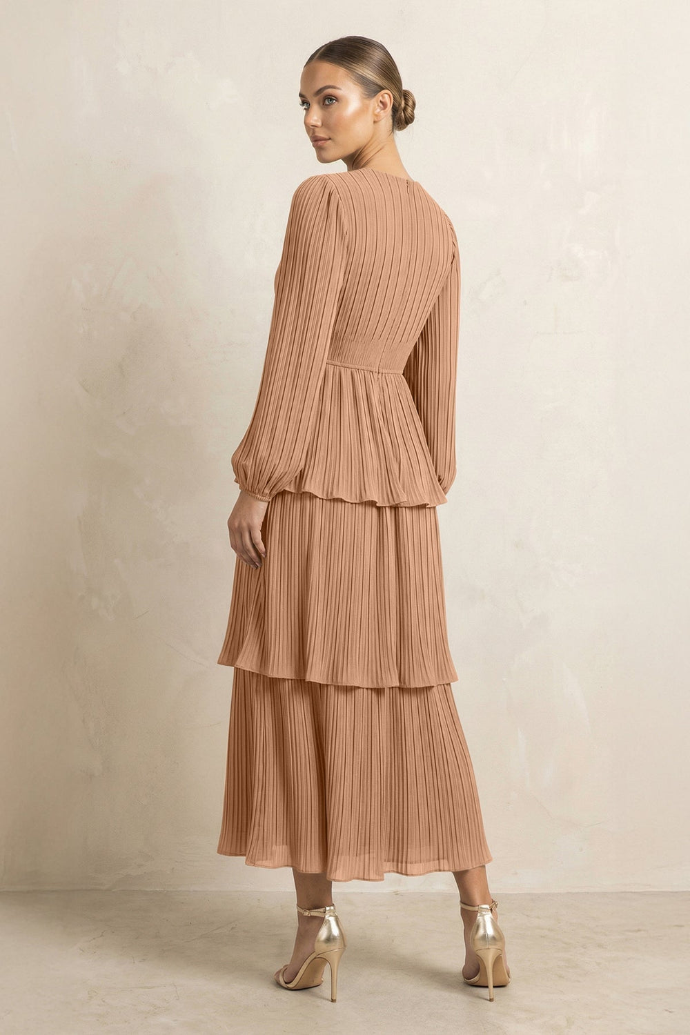 V-Neck Tiered A-Line Chiffon Midi Bridesmaid Dress in Bronzer