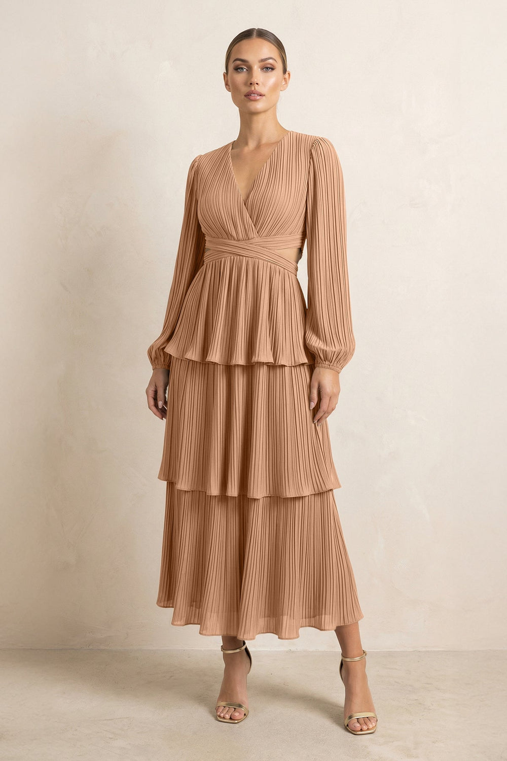 V-Neck Tiered A-Line Chiffon Midi Bridesmaid Dress in Bronzer