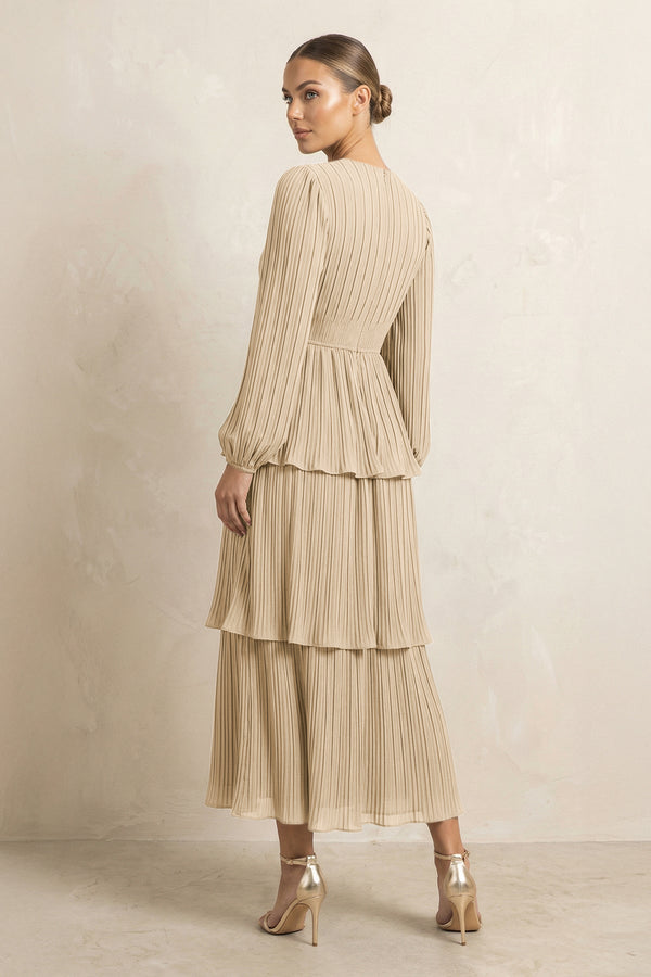 V-Neck Tiered A-Line Chiffon Midi Bridesmaid Dress in Champagne (2) | KISSBRIDAL
