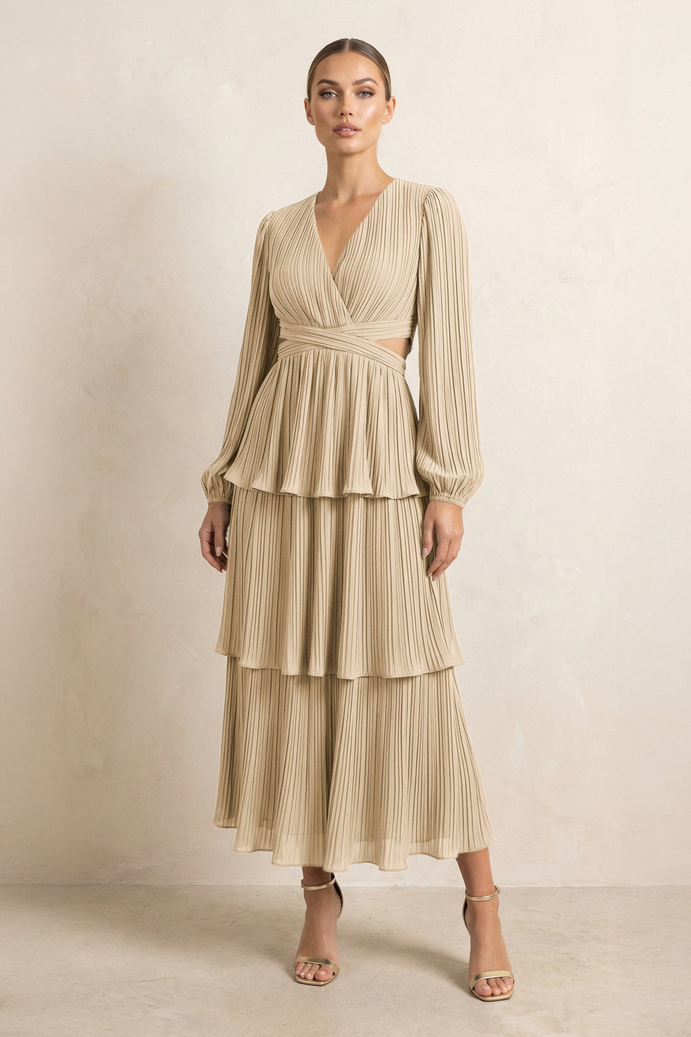 V-Neck Tiered A-Line Chiffon Midi Bridesmaid Dress in Champagne