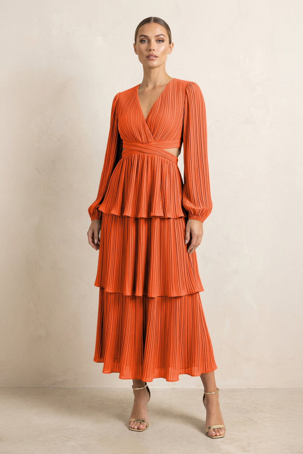 V-Neck Tiered A-Line Chiffon Midi Bridesmaid Dress in Cinnamon