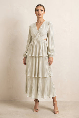 V - Neck Tiered A - Line Chiffon Midi Bridesmaid Dress in Dove Gray - KISS BRIDAL Bridesmaid Dresses