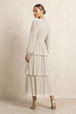 V - Neck Tiered A - Line Chiffon Midi Bridesmaid Dress in Dove Gray - KISS BRIDAL Bridesmaid Dresses
