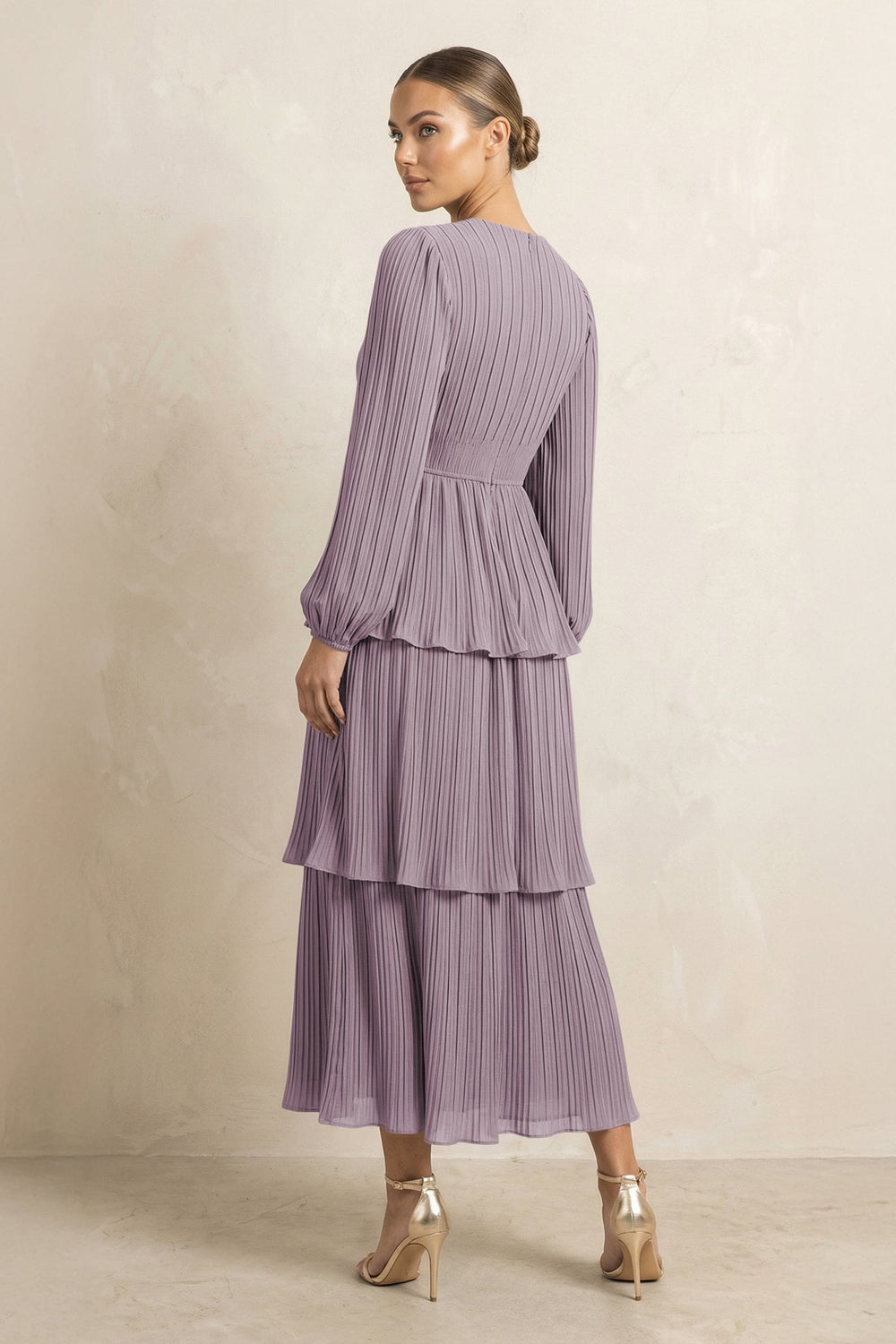 V-Neck Tiered A-Line Chiffon Midi Bridesmaid Dress in Dusk