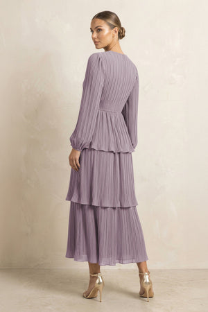 V-Neck Tiered A-Line Chiffon Midi Bridesmaid Dress in Dusk (2) | KISSBRIDAL