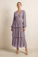 V-Neck Tiered A-Line Chiffon Midi Bridesmaid Dress in Dusk | KISSBRIDAL
