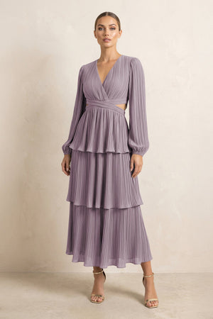 V-Neck Tiered A-Line Chiffon Midi Bridesmaid Dress in Dusk | KISSBRIDAL