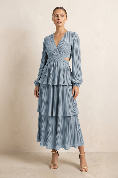 V-Neck Tiered A-Line Chiffon Midi Bridesmaid Dress in Dusty Blue | KISSBRIDAL