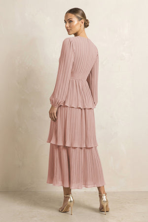 V-Neck Tiered A-Line Chiffon Midi Bridesmaid Dress in English Rose (2) | KISSBRIDAL