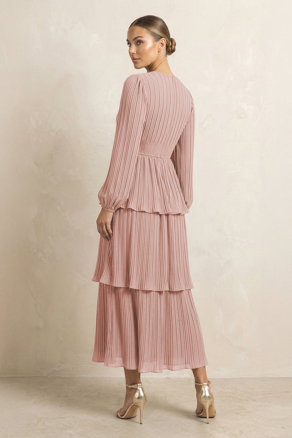 V-Neck Tiered A-Line Chiffon Midi Bridesmaid Dress in English Rose (2) | KISSBRIDAL