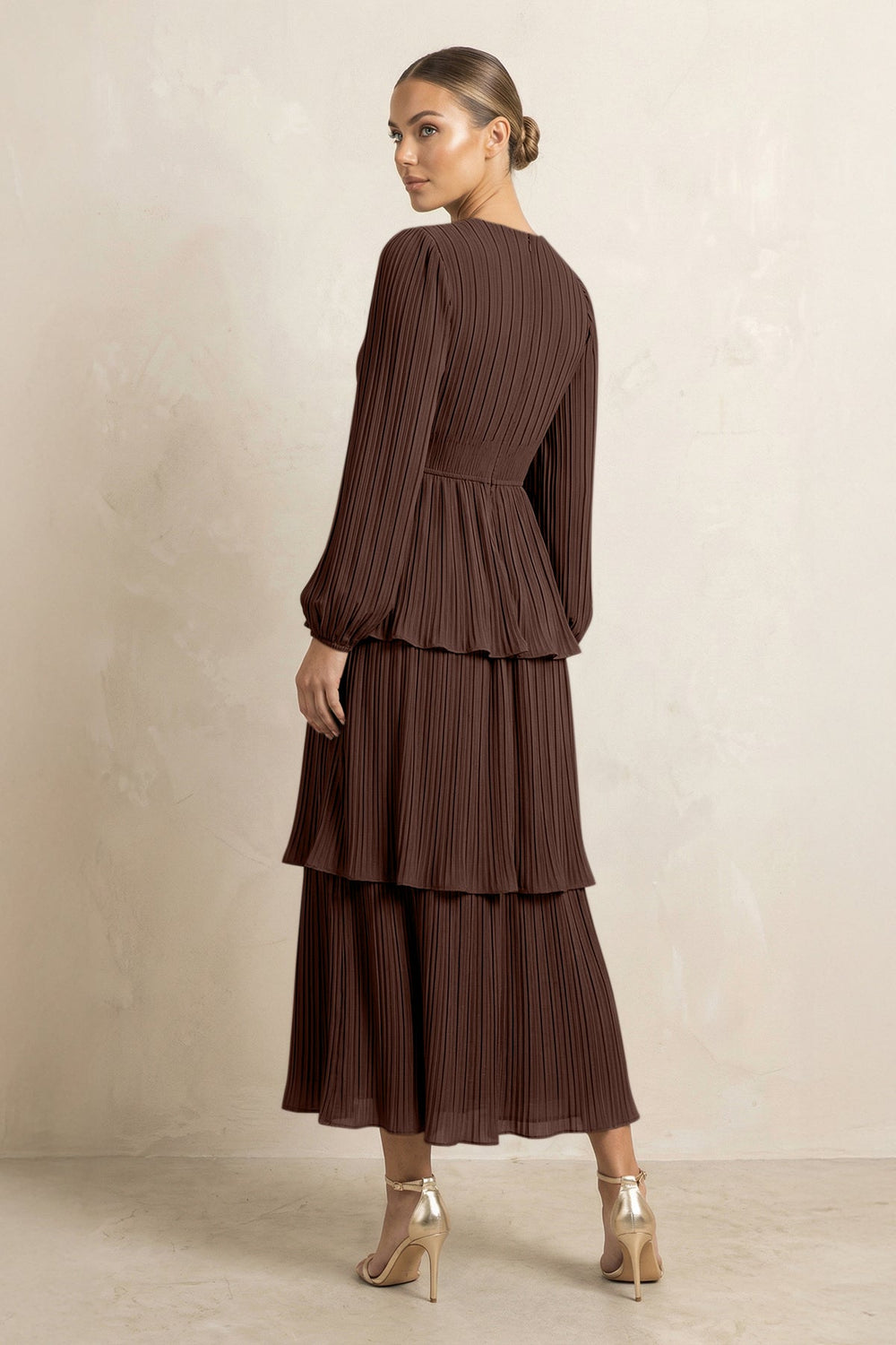 V-Neck Tiered A-Line Chiffon Midi Bridesmaid Dress in Espresso