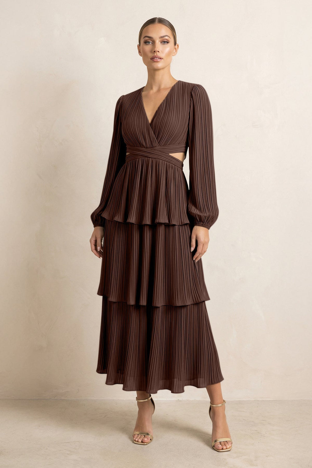 V-Neck Tiered A-Line Chiffon Midi Bridesmaid Dress in Espresso
