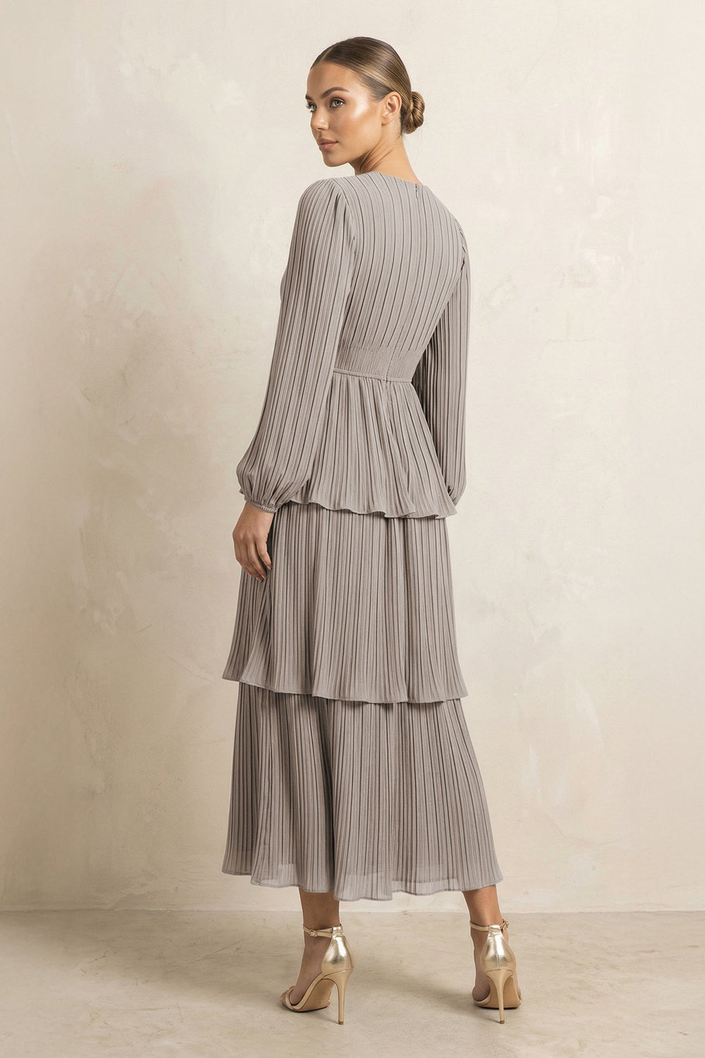 V-Neck Tiered A-Line Chiffon Midi Bridesmaid Dress in Frost