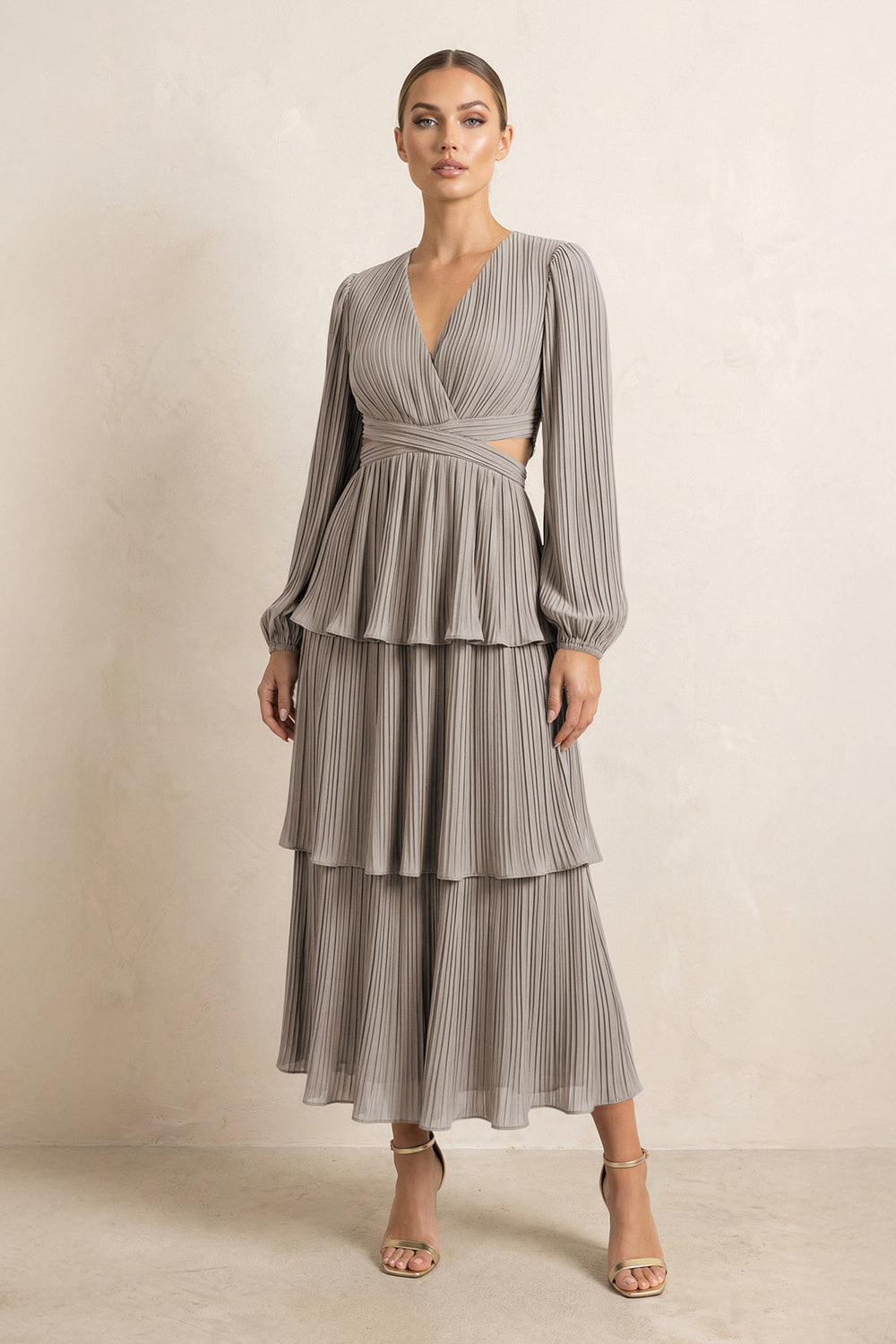 V-Neck Tiered A-Line Chiffon Midi Bridesmaid Dress in Frost