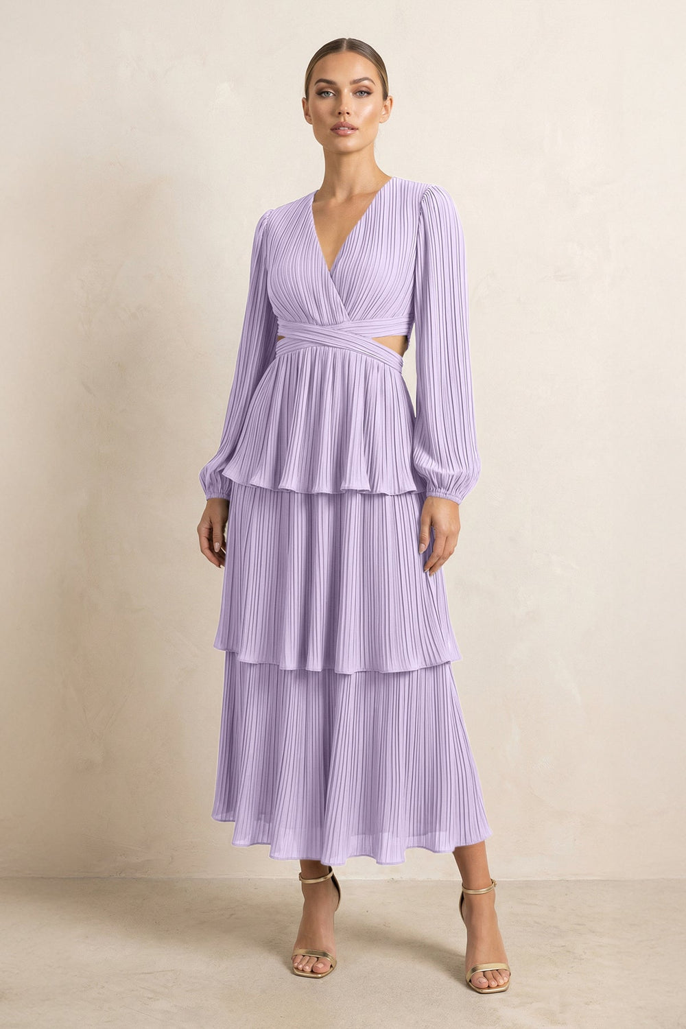 V-Neck Tiered A-Line Chiffon Midi Bridesmaid Dress in Lavender