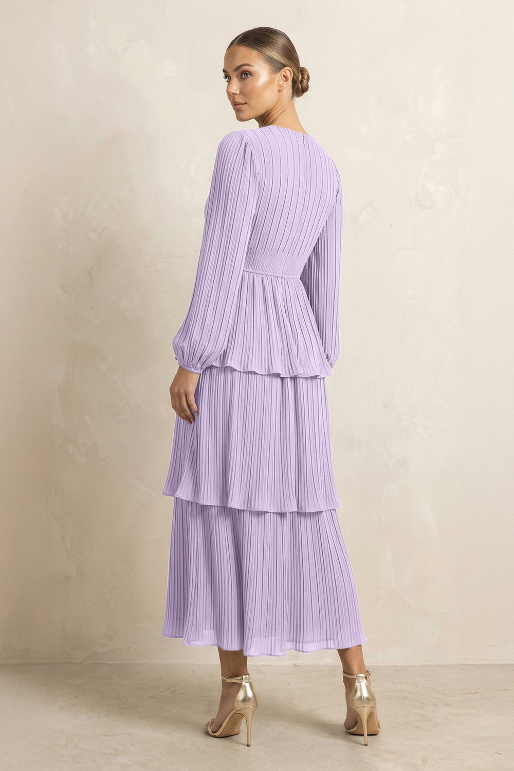 V-Neck Tiered A-Line Chiffon Midi Bridesmaid Dress in Lavender