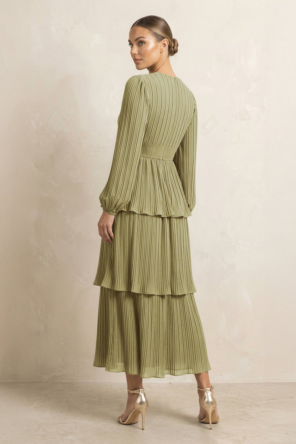 V-Neck Tiered A-Line Chiffon Midi Bridesmaid Dress in Moss Green