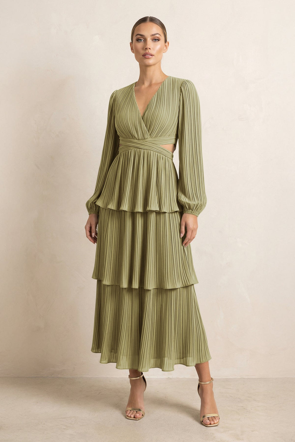 V-Neck Tiered A-Line Chiffon Midi Bridesmaid Dress in Moss Green
