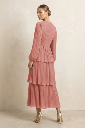 V-Neck Tiered A-Line Chiffon Midi Bridesmaid Dress in Mulberry (2) | KISSBRIDAL