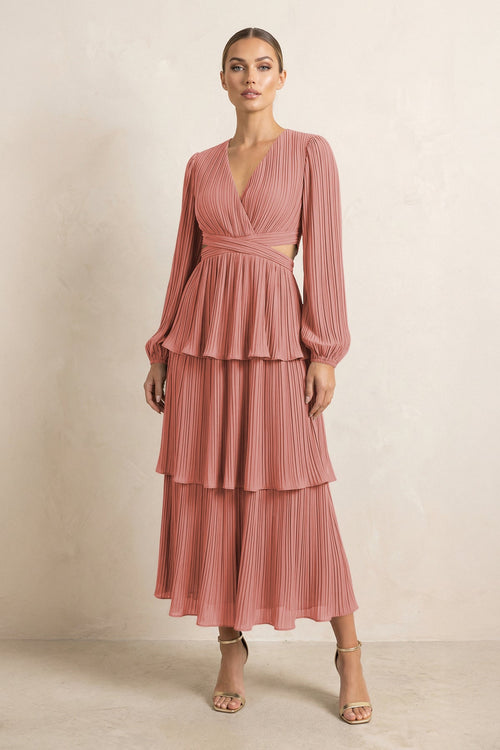 V-Neck Tiered A-Line Chiffon Midi Bridesmaid Dress in Mulberry | KISSBRIDAL